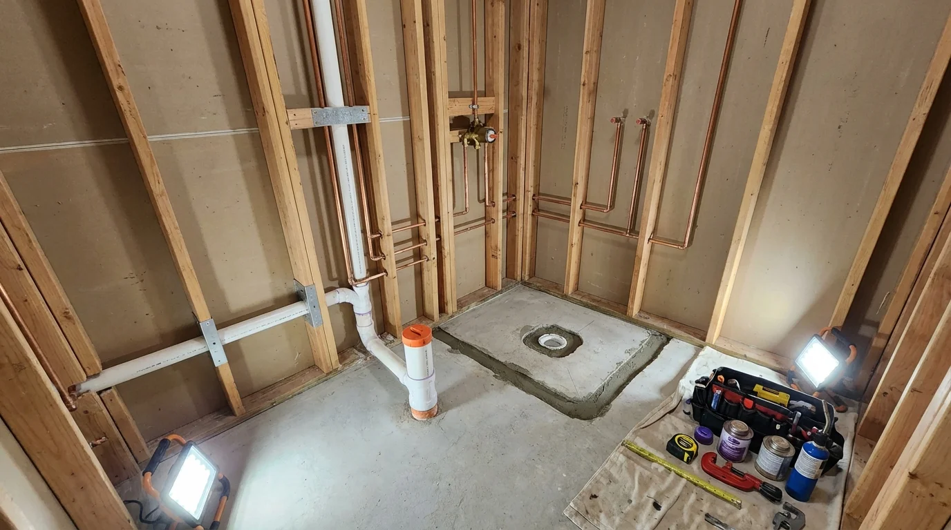 Bathroom rough-in plumbing during remodel by Johns Plumbing LLC in Salem