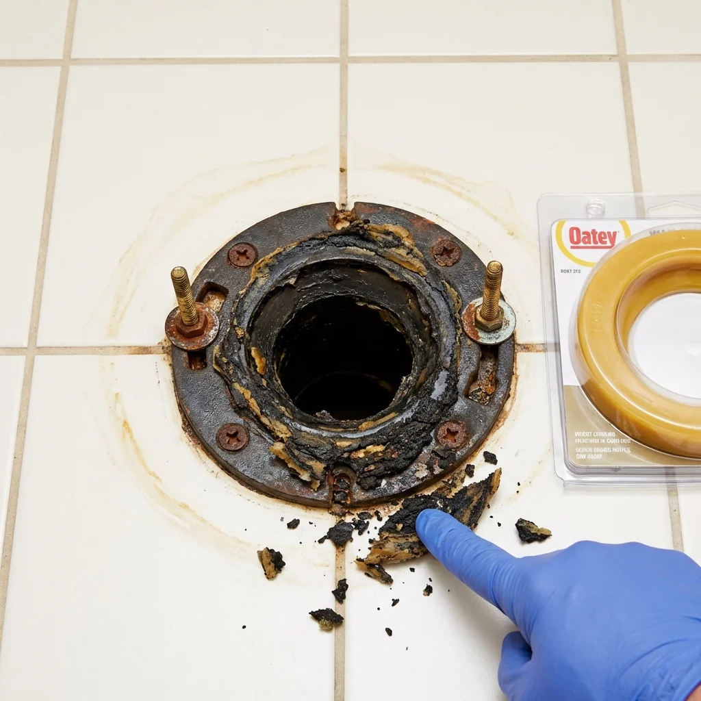 Failed wax ring showing water seepage at the base of a toilet in a Salem, AR home